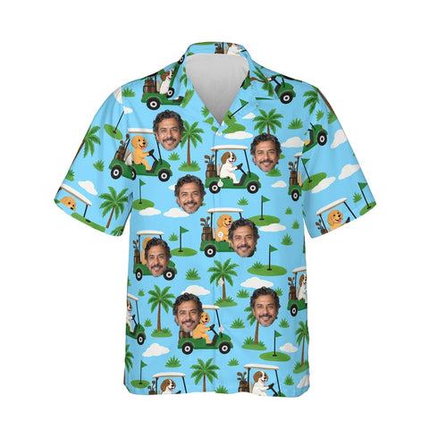 Dogs Driving Golf Carts Funny Hawaiian Golf Shirt personalized with printed faces, front view