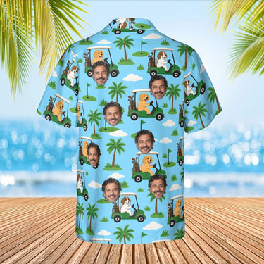 Dogs Driving Golf Carts Funny Hawaiian Golf Shirt with custom faces, back view