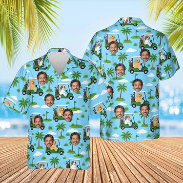 Dogs Driving Golf Carts Funny Hawaiian Golf Shirt with custom faces, front and back