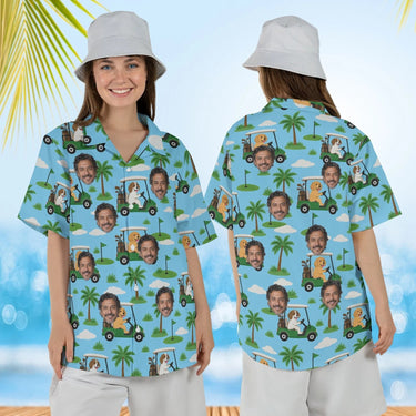 Woman wearing the Dogs Driving Golf Carts Funny Hawaiian Golf Shirt with custom faces, front and back view
