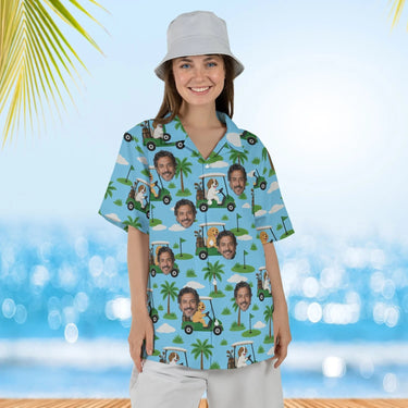 Woman wearing the Dogs Driving Golf Carts Funny Hawaiian Golf Shirt with custom faces