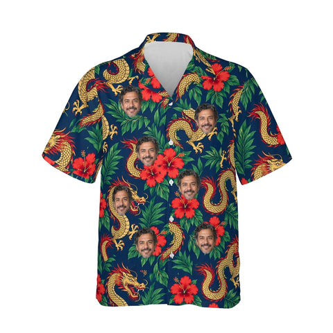 Dragon & Hibiscus Fantasy RPG Hawaiian Shirt personalized with printed faces, front view