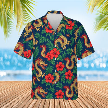 Dragon & Hibiscus Fantasy RPG Hawaiian Shirt print before personalizing, front view