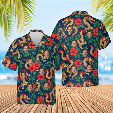 Dragon & Hibiscus Fantasy RPG Hawaiian Shirt with custom faces, front and back
