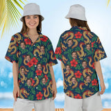 Woman wearing the Dragon & Hibiscus Fantasy RPG Hawaiian Shirt with custom faces, front and back view