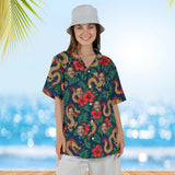 Woman wearing the Dragon & Hibiscus Fantasy RPG Hawaiian Shirt with custom faces
