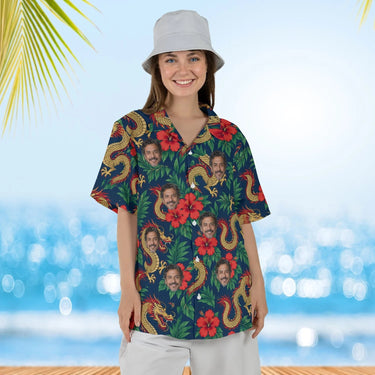 Woman wearing the Dragon & Hibiscus Fantasy RPG Hawaiian Shirt with custom faces