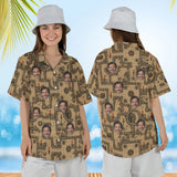 Woman wearing the Dungeon Map RPG Hawaiian Shirt with custom faces, front and back view