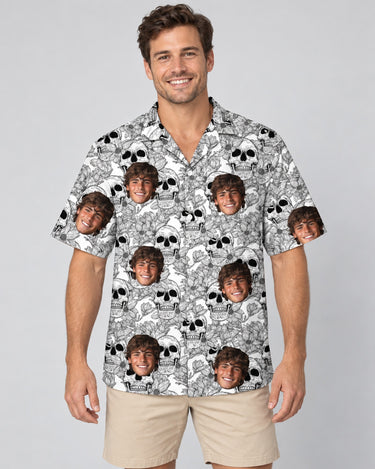 Edgy Skull Surf Hawaiian shirt with printed faces, worn by a man