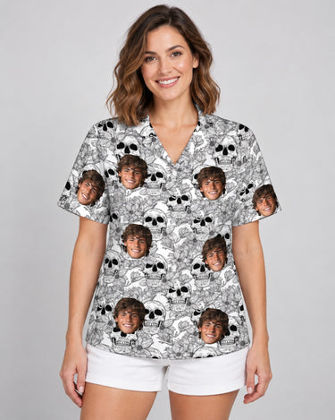 Edgy Skull Surf Hawaiian shirt with printed faces, worn by a woman