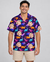 Electric Neon Dinosaur Hawaiian shirt with printed faces, worn by a man