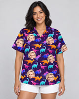 Electric Neon Dinosaur Hawaiian shirt with printed faces, worn by a woman