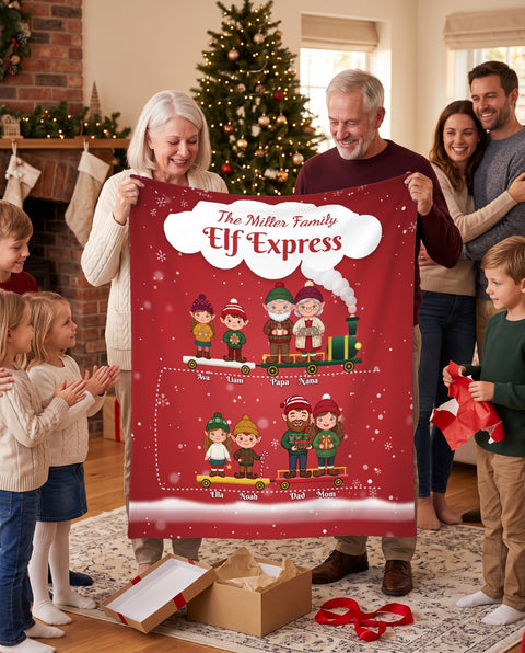 Personalized family Christmas blanket with names, The Miller Family Elf Express held by grandparents with mom, dad and kids