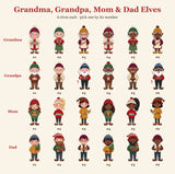 Choose an elf style for Grandma, Grandpa, Mom and Dad in light or deep skin tones