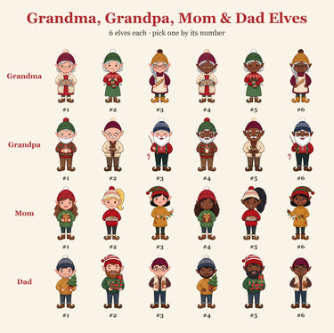 Choose an elf style for Grandma, Grandpa, Mom and Dad in light or deep skin tones