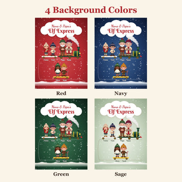 Elf Express family blanket in 4 background colors: red, navy, green and sage