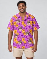 Enchanted Hibiscus Garden Hawaiian shirt with printed faces, worn by a man