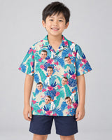 Exotic Cockatoo Paradise Hawaiian shirt with printed faces, worn by a child