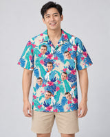 Exotic Cockatoo Paradise Hawaiian shirt with printed faces, worn by a man