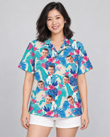 Exotic Cockatoo Paradise Hawaiian shirt with printed faces, worn by a woman