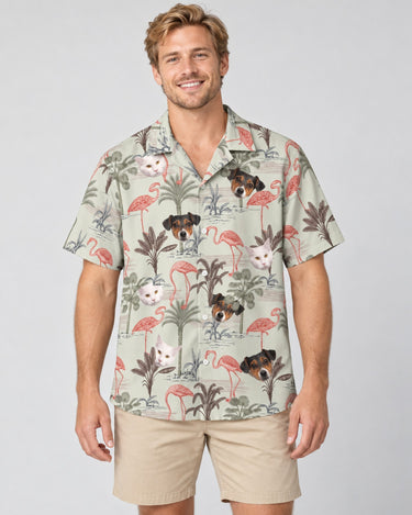 Exotic Jungle Hawaiian shirt with printed faces, worn by a man