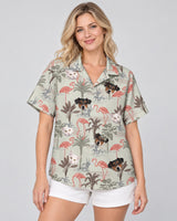 Exotic Jungle Hawaiian shirt with printed faces, worn by a woman