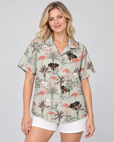 Exotic Jungle Hawaiian shirt with printed faces, worn by a woman