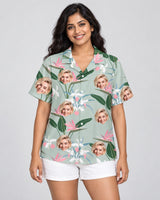 Exotic Orchid Silk Tropical Hawaiian shirt with printed faces, worn by a woman