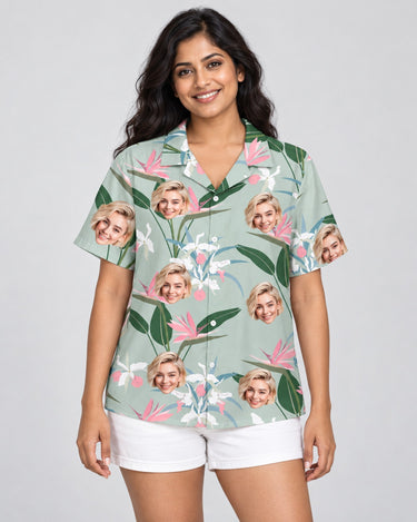 Exotic Orchid Silk Tropical Hawaiian shirt with printed faces, worn by a woman