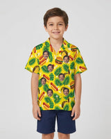 Fast Food Paradise Ugly Hawaiian Shirt with printed faces, worn by a child