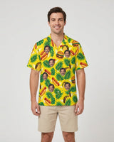 Fast Food Paradise Ugly Hawaiian Shirt with printed faces, worn by a man