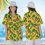 Woman wearing the Fast Food Paradise Ugly Hawaiian Shirt with custom faces, front and back view