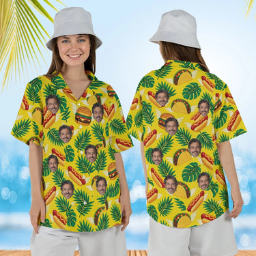 Woman wearing the Fast Food Paradise Ugly Hawaiian Shirt with custom faces, front and back view