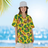 Woman wearing the Fast Food Paradise Ugly Hawaiian Shirt with custom faces
