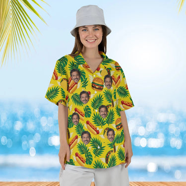 Woman wearing the Fast Food Paradise Ugly Hawaiian Shirt with custom faces