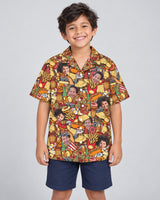 Fast Food Party Hawaiian shirt with printed faces, worn by a child