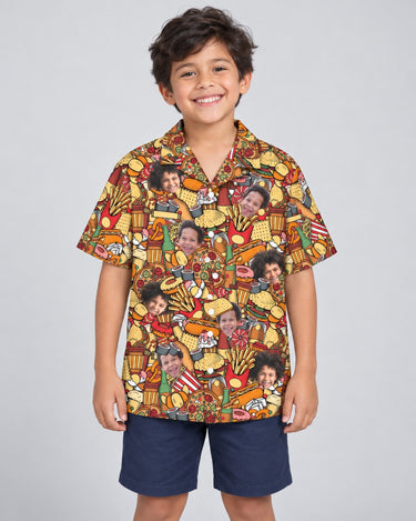 Fast Food Party Hawaiian shirt with printed faces, worn by a child