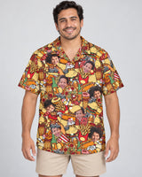 Fast Food Party Hawaiian shirt with printed faces, worn by a man