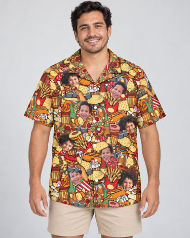 Fast Food Party Hawaiian shirt with printed faces, worn by a man