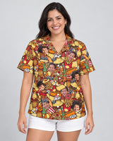 Fast Food Party Hawaiian shirt with printed faces, worn by a woman