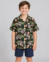 Fiesta Skull Vibes Hawaiian shirt with printed faces, worn by a child