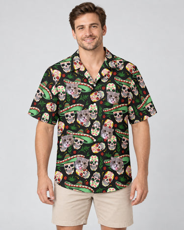 Fiesta Skull Vibes Hawaiian shirt with printed faces, worn by a man