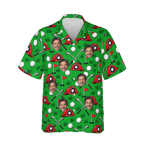 Firefighter Golf Hawaiian Golf Shirt personalized with printed faces, front view
