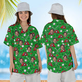 Woman wearing the Firefighter Golf Hawaiian Golf Shirt with custom faces, front and back view