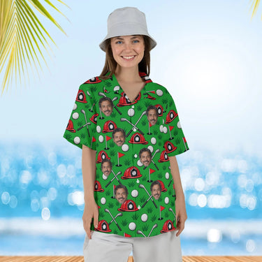 Woman wearing the Firefighter Golf Hawaiian Golf Shirt with custom faces