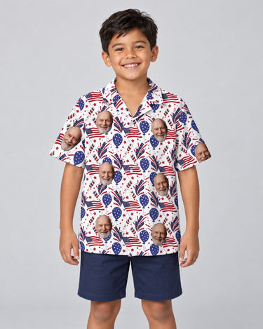 Fireworks USA Party Hawaiian shirt with printed faces, worn by a child