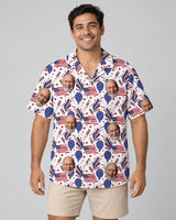 Fireworks USA Party Hawaiian shirt with printed faces, worn by a man
