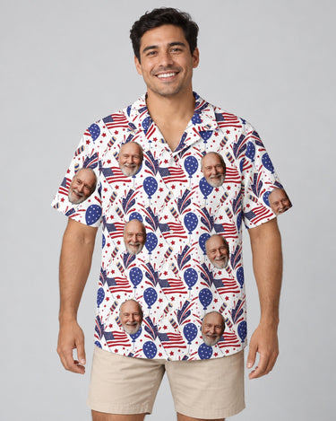 Fireworks USA Party Hawaiian shirt with printed faces, worn by a man