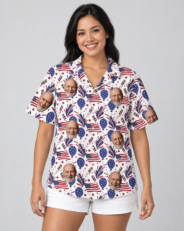 Fireworks USA Party Hawaiian shirt with printed faces, worn by a woman