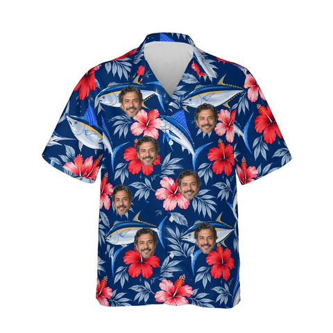 Fish & Hibiscus Fishing Hawaiian Shirt personalized with printed faces, front view